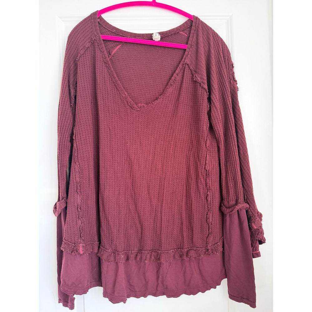 Free People We The Free Burgundy Waffle Knit Thermal Top V-Neck Oversized Medium